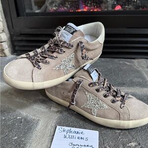 Golden Goose Women's Beige Sneakers with Glitter Star and Leopard Laces